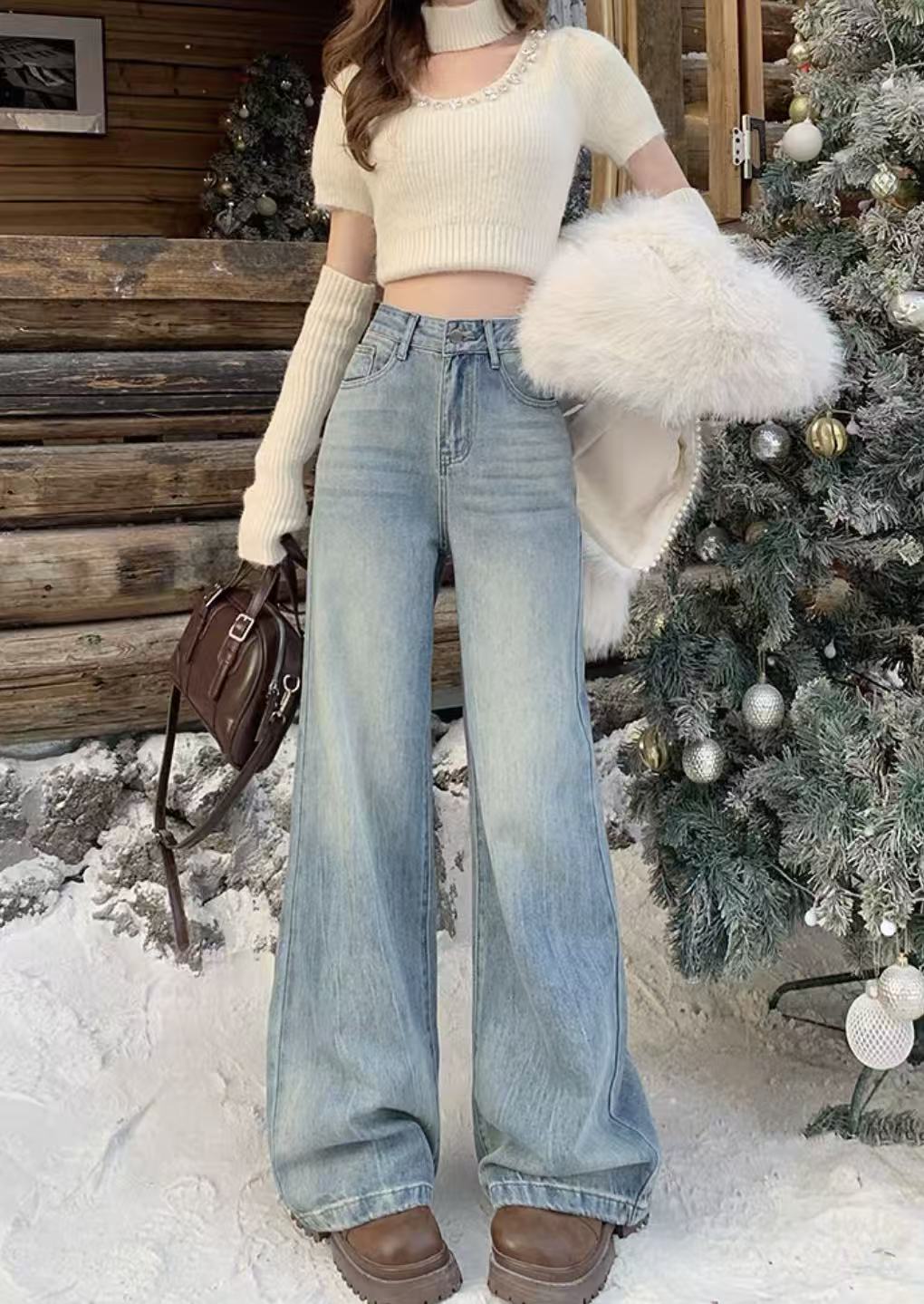 C.秋冬2025新款复古高腰加绒阔腿牛仔裤直筒裤默认微瑕