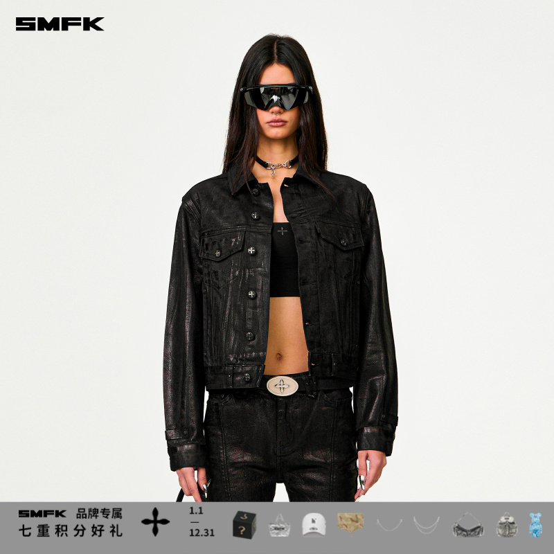SMFK野马闪电牛仔夹克 UG043BP 黑色涂蜡时尚休闲短款翻领外套