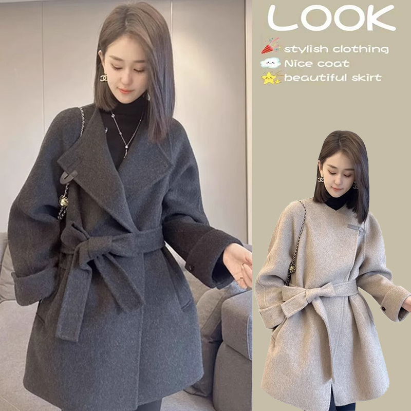 2025春秋欧美系带收腰翻领设计外套潮韩系宽松百搭中长款毛呢大衣
