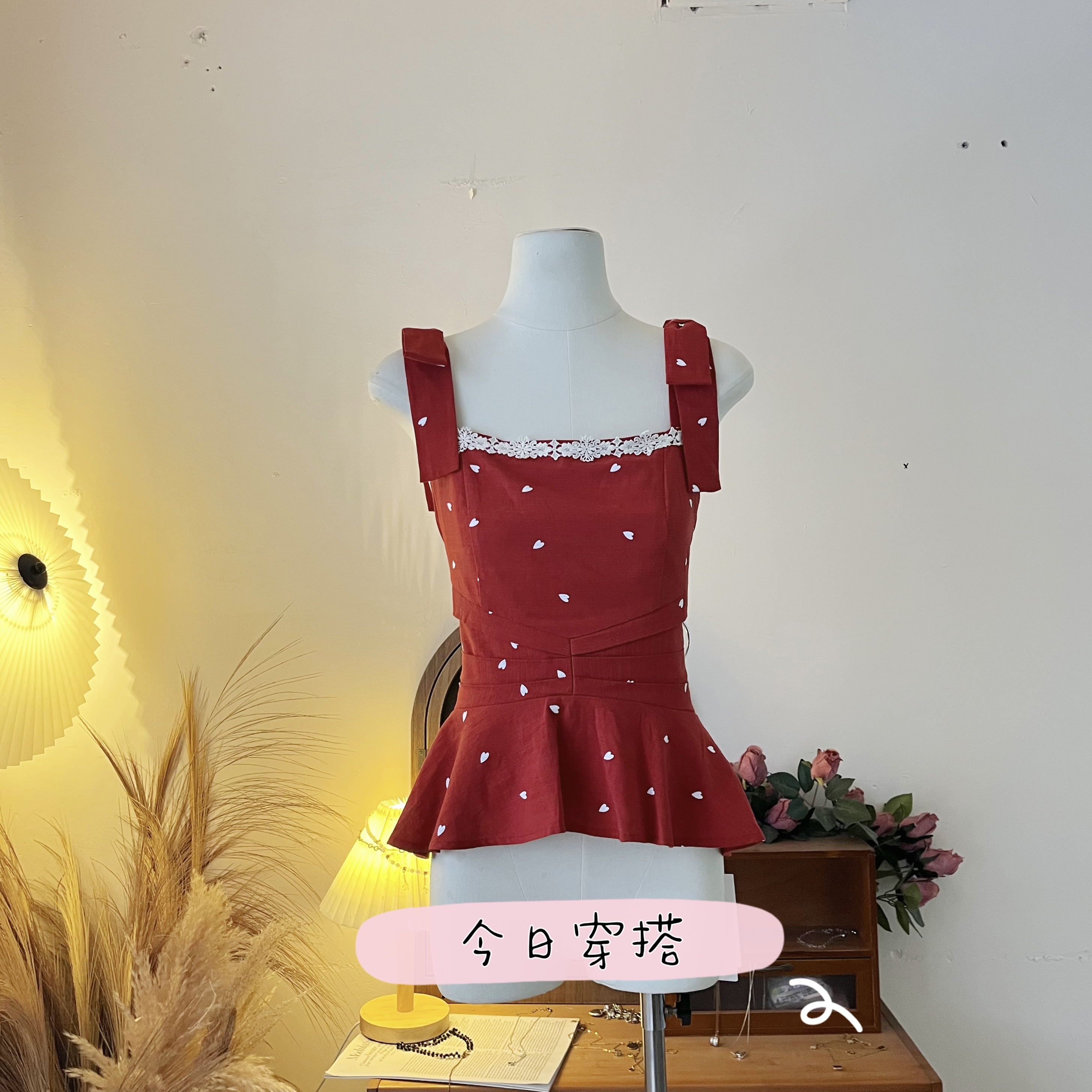 LHTE青青大码女装 法式甜美气质爱心波点红色吊带上衣百搭款C7799