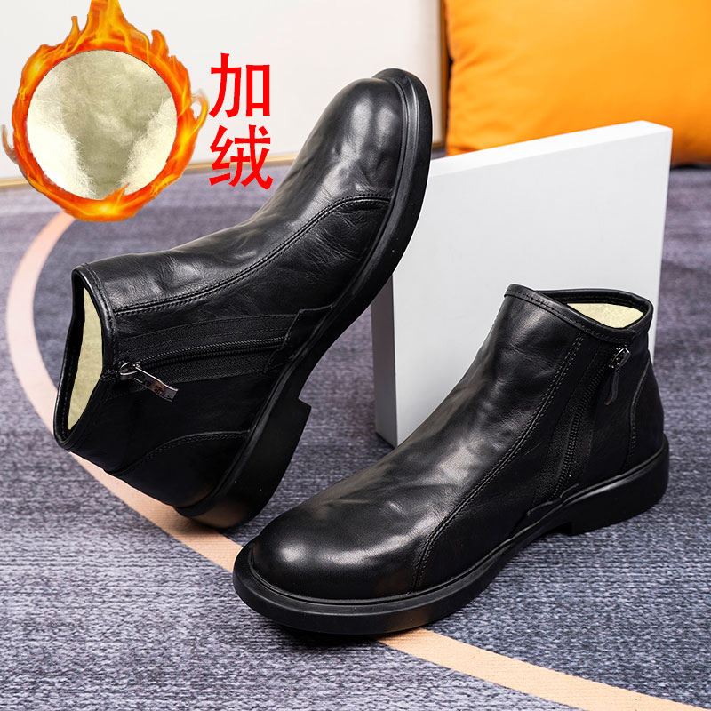 【胖哥】加绒头层牛皮男士休闲马丁靴一脚蹬侧拉链橡胶大底真皮靴子