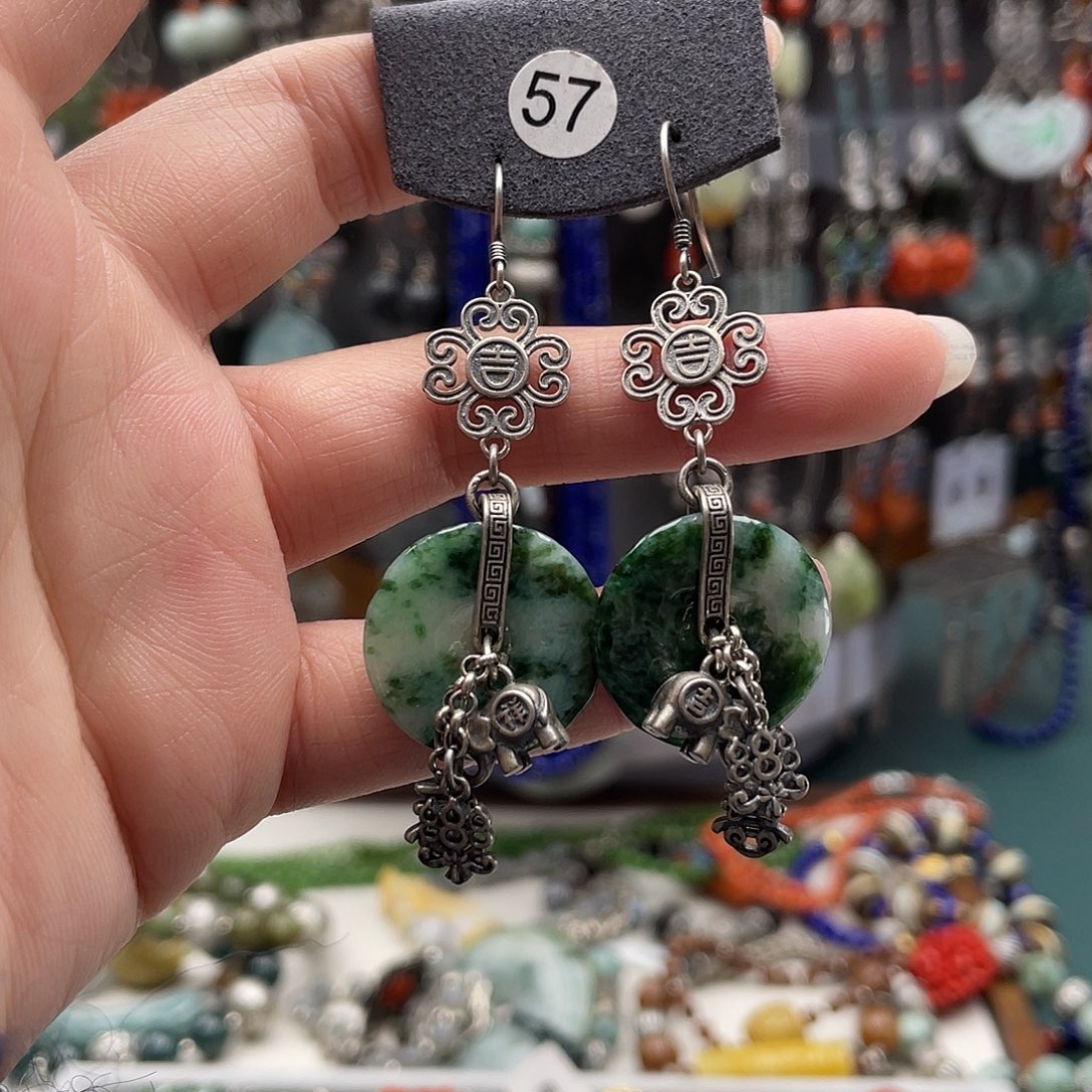 翡翠耳饰银S925镶嵌盛***姐饰品