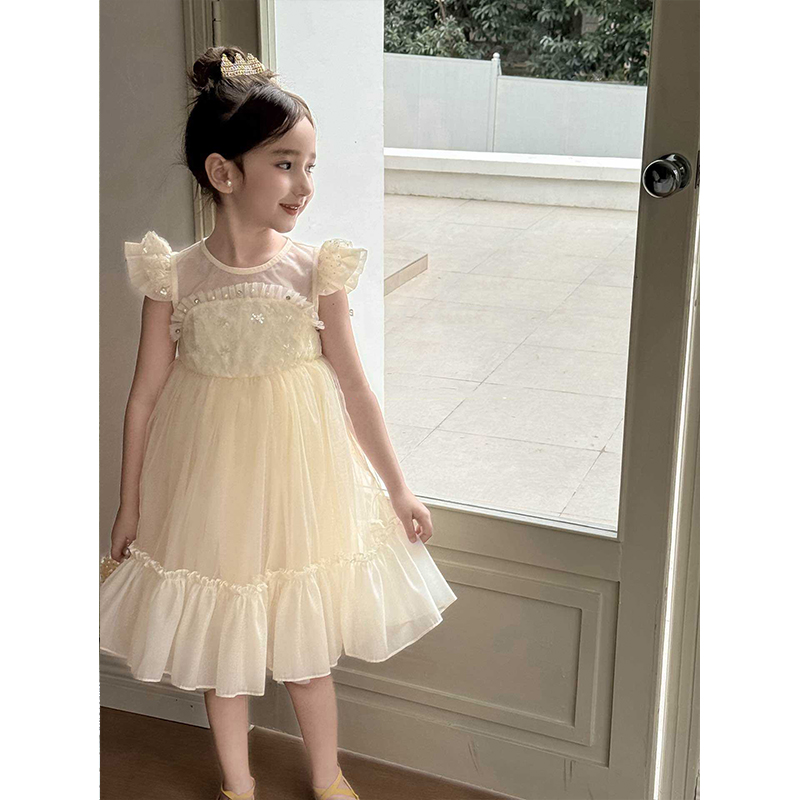 【本妈】夏”月下花眠”女童飞袖网纱立体花朵网纱连衣裙X52 35