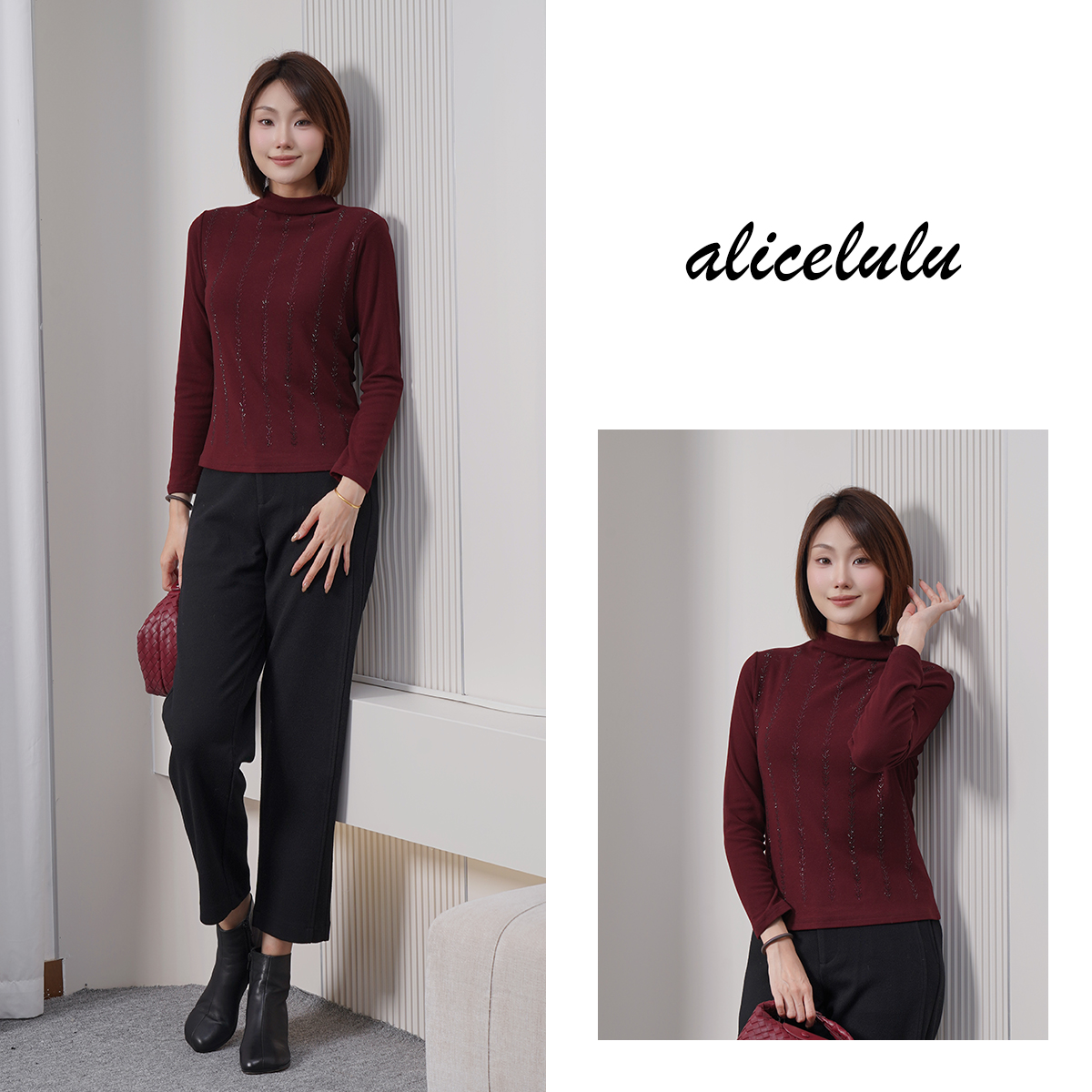 2 alicelulu银河映画.半高领打底衫条纹烫钻气质显瘦S2145265T