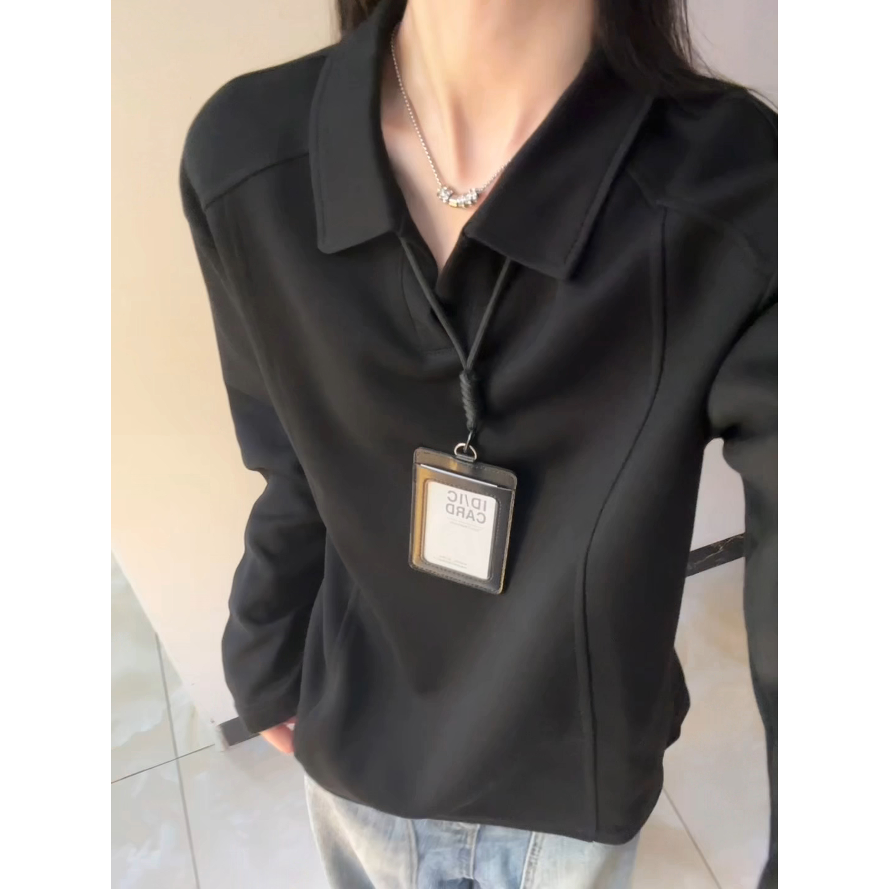 美式POLO衫长袖t恤男冬季高级感痞帅正肩卫衣秋冬加绒加厚打底衫