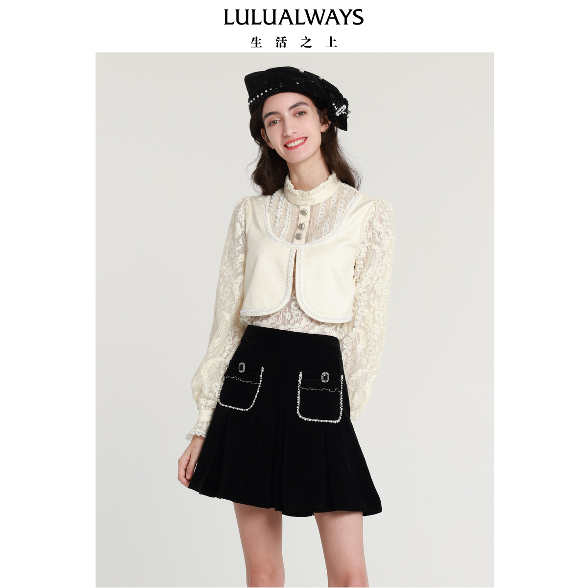 LULUALWAYS新款温柔假两件蕾丝衬衫上衣