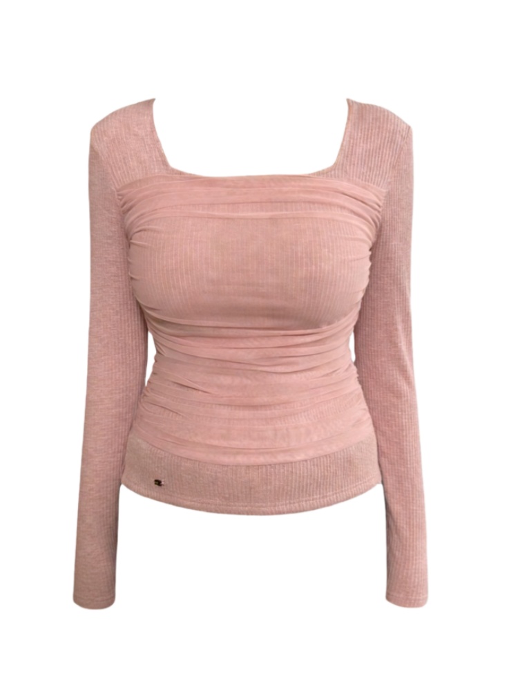 大码女装设计感网纱拼接方领针织衫女秋冬季修身显瘦辣妹T恤上衣