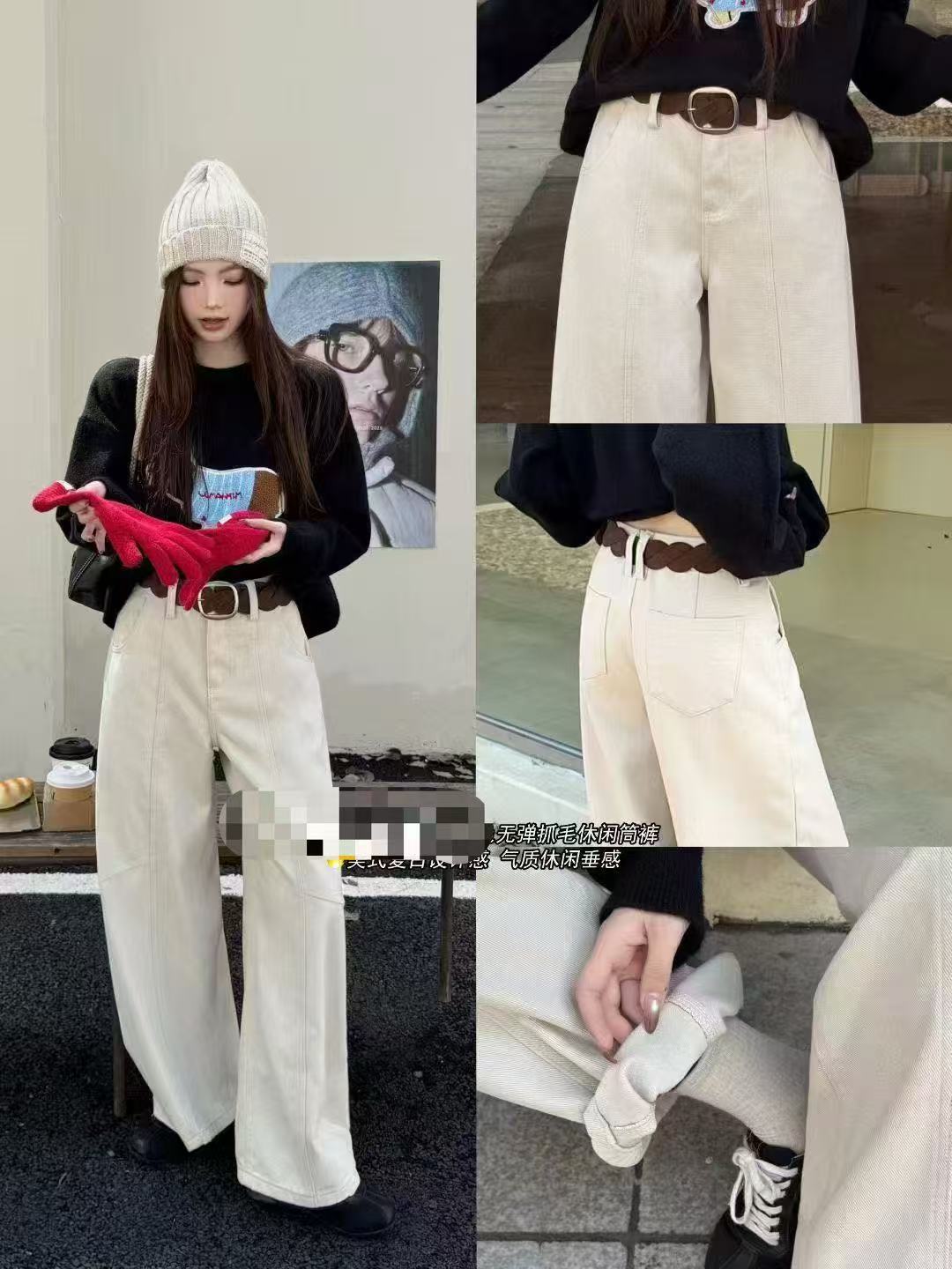 5635美式秋冬复古抓毛休闲显气质垂感百搭直筒牛仔棉弯刀裤