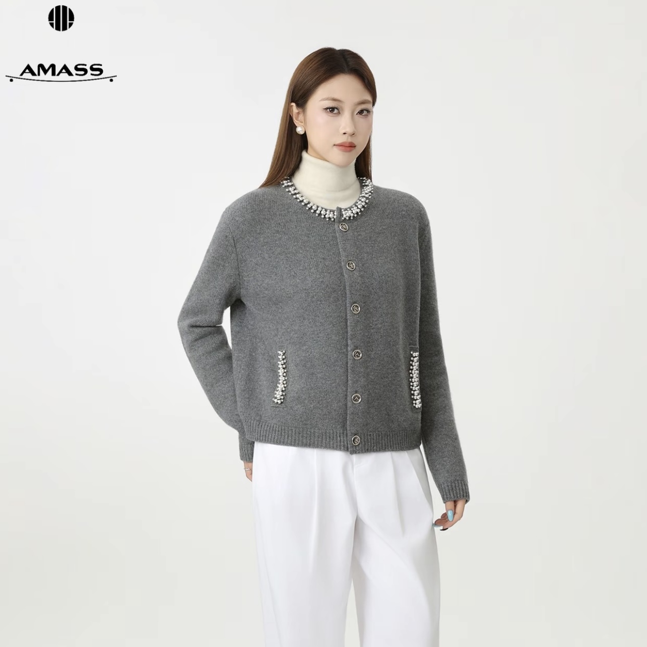 AMASS/阿玛施秋冬100%绵羊毛轻奢绣珠松弛感小众针织开衫女548052