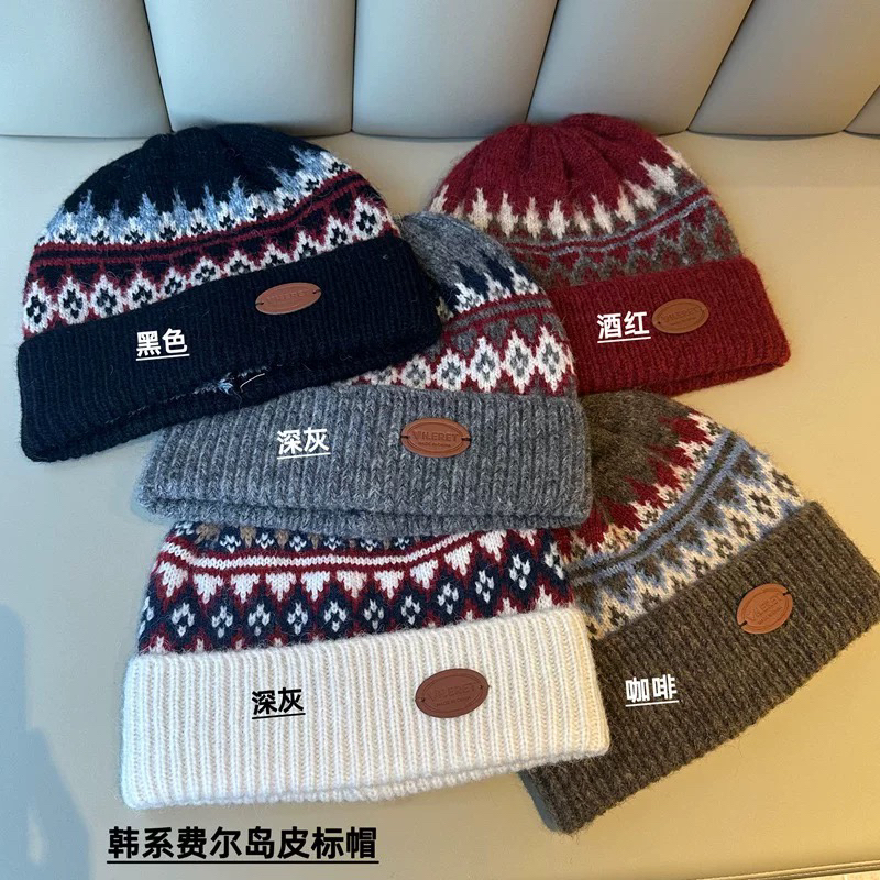 费尔岛风提花针织帽子女秋冬保暖防风护耳显脸小复古百搭毛线帽