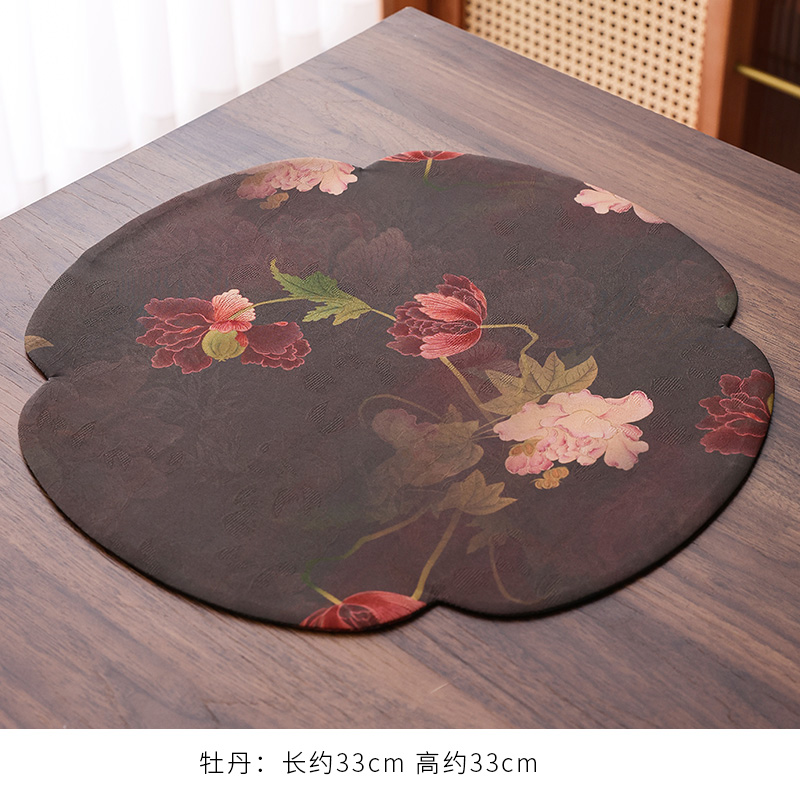 牡丹圆形中式香云纱茶席双面防水茶道配件功夫茶干泡席布艺茶垫