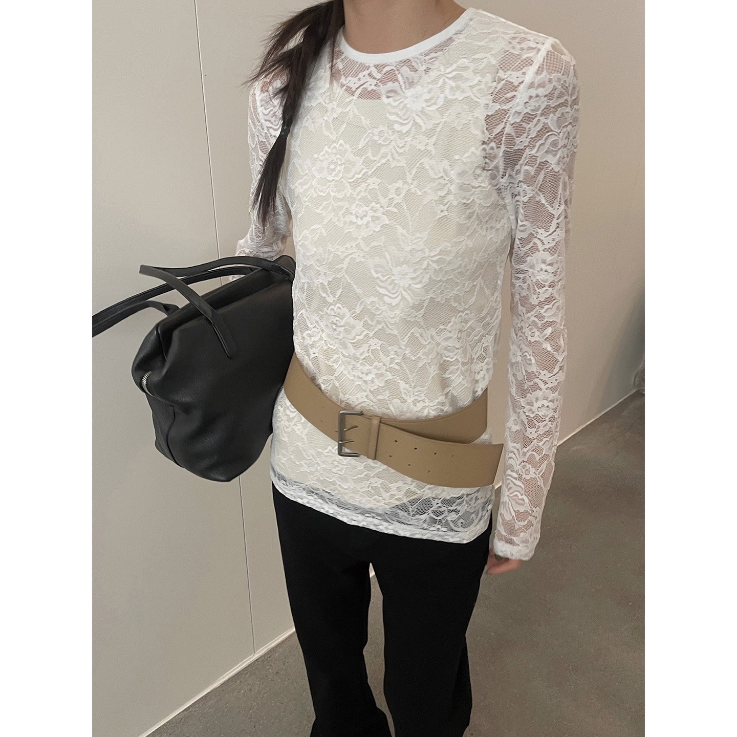 VK2026春秋新款时尚百搭外穿内搭镂空淑女蕾丝网纱上衣女N5085