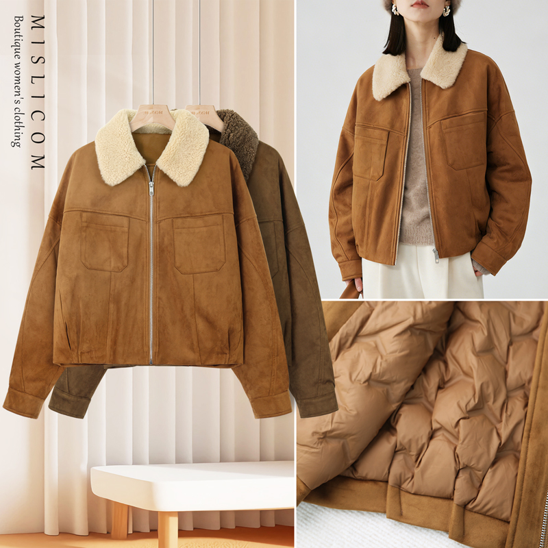 新冬复古巴恩风麂皮90白鹅绒羊羔毛显瘦显高高级感夹克羽绒服6501