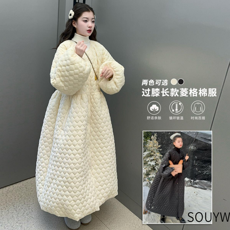 女童过膝长款菱格棉服2025中大童女孩冬装加厚宽松灯笼袖