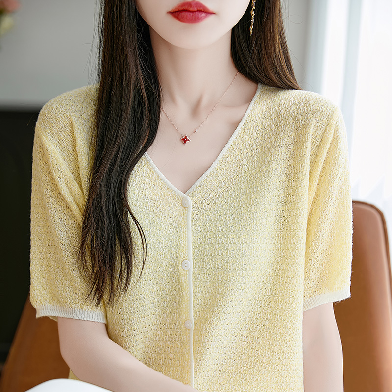 #122新款精纺细支羊毛衫女V领针织开衫半袖宽松休闲短袖薄款上衣