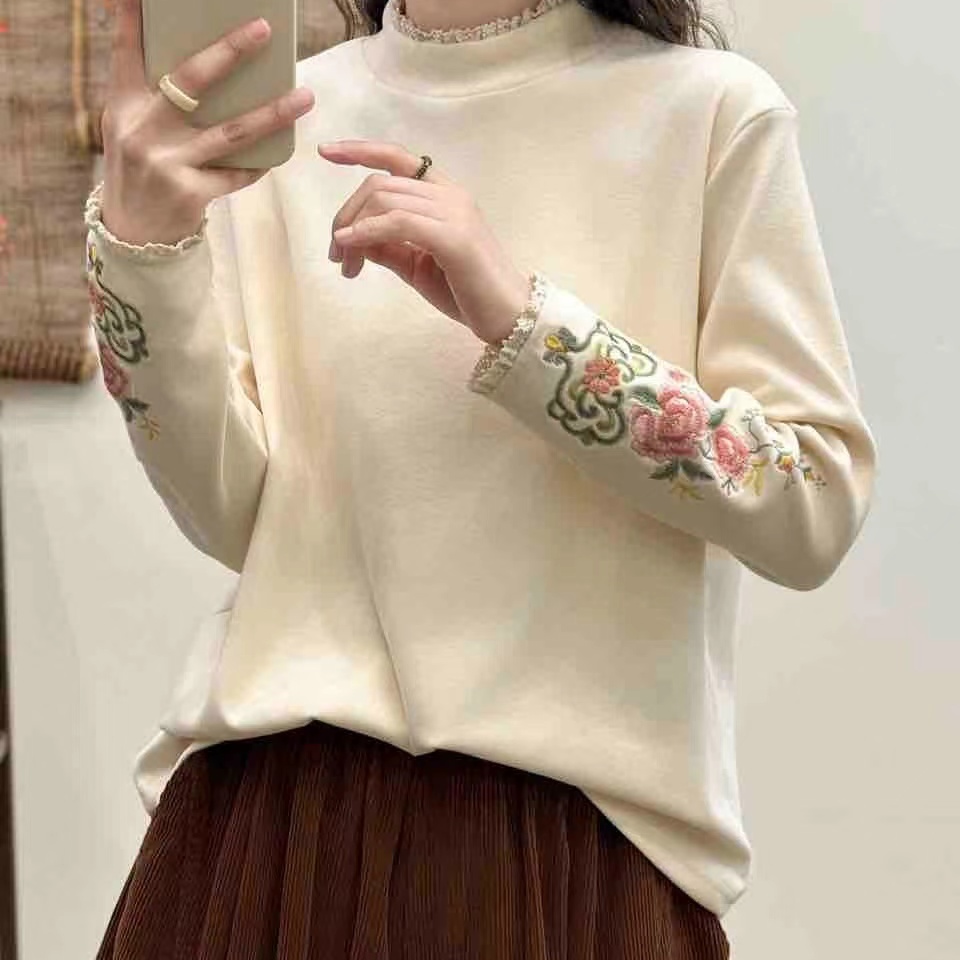 复古德绒花边领刺绣长袖打底衫女冬新款文艺宽松百搭T恤上衣