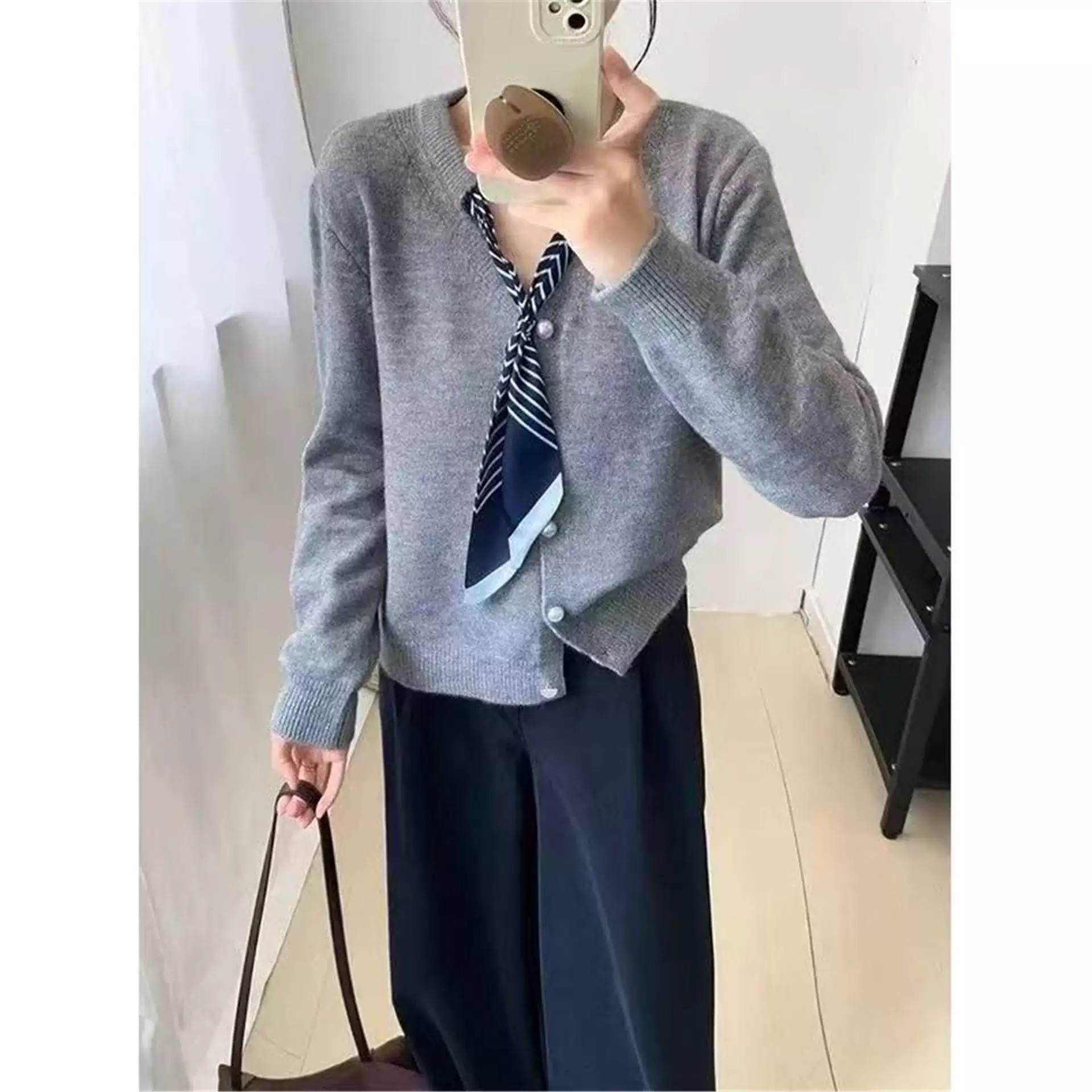 （衣长57）212条纹丝巾系带V领针织开衫女秋季新款百搭毛衣