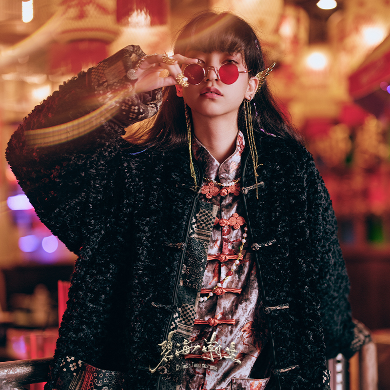 碧海潮生【悟道】秋冬新款中国风国潮刺绣保暖黑色毛绒唐装外套