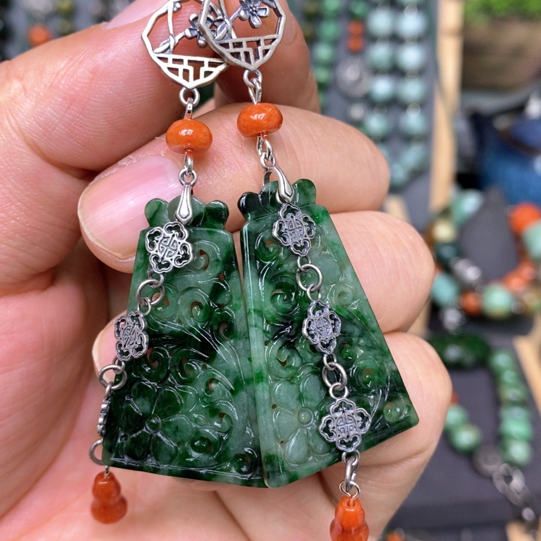 翡翠耳饰银S925镶嵌漂亮美眉