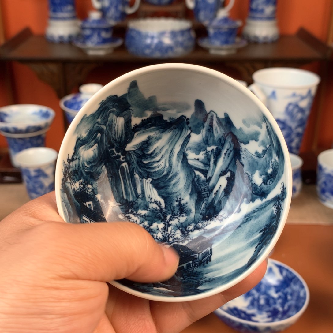 山水主人杯手工手绘