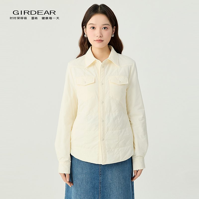 哥弟   品质女装简约百搭翻领双口袋轻里薄保暖新雪丽棉衣140018