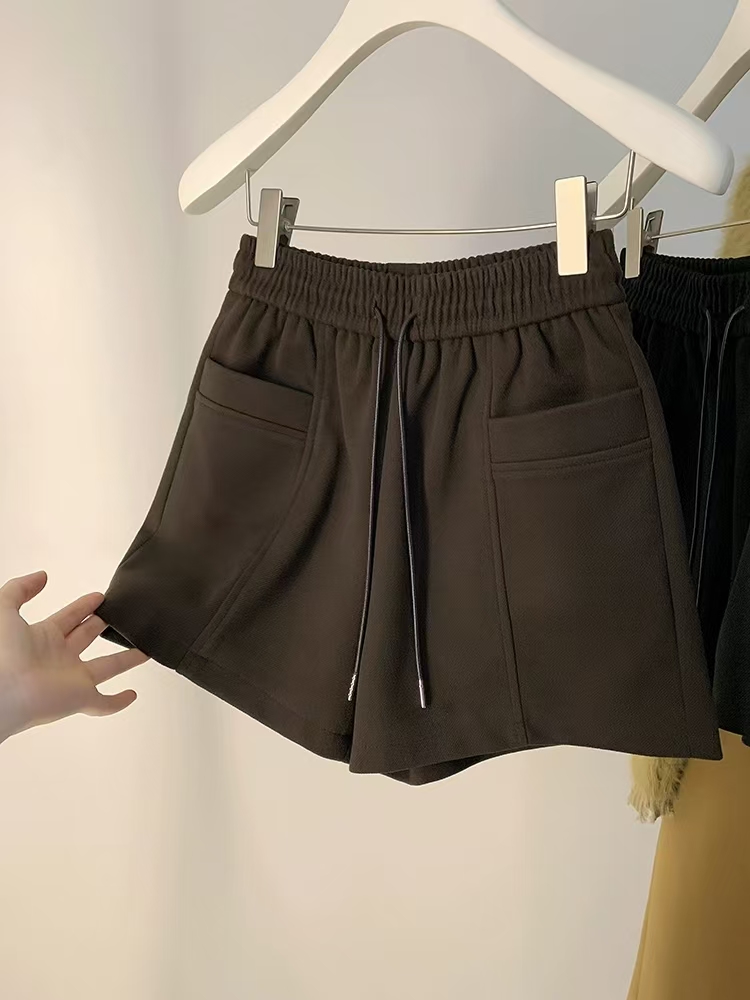 8210-AQ咖色新款松紧拉绳阔腿休闲短裤
