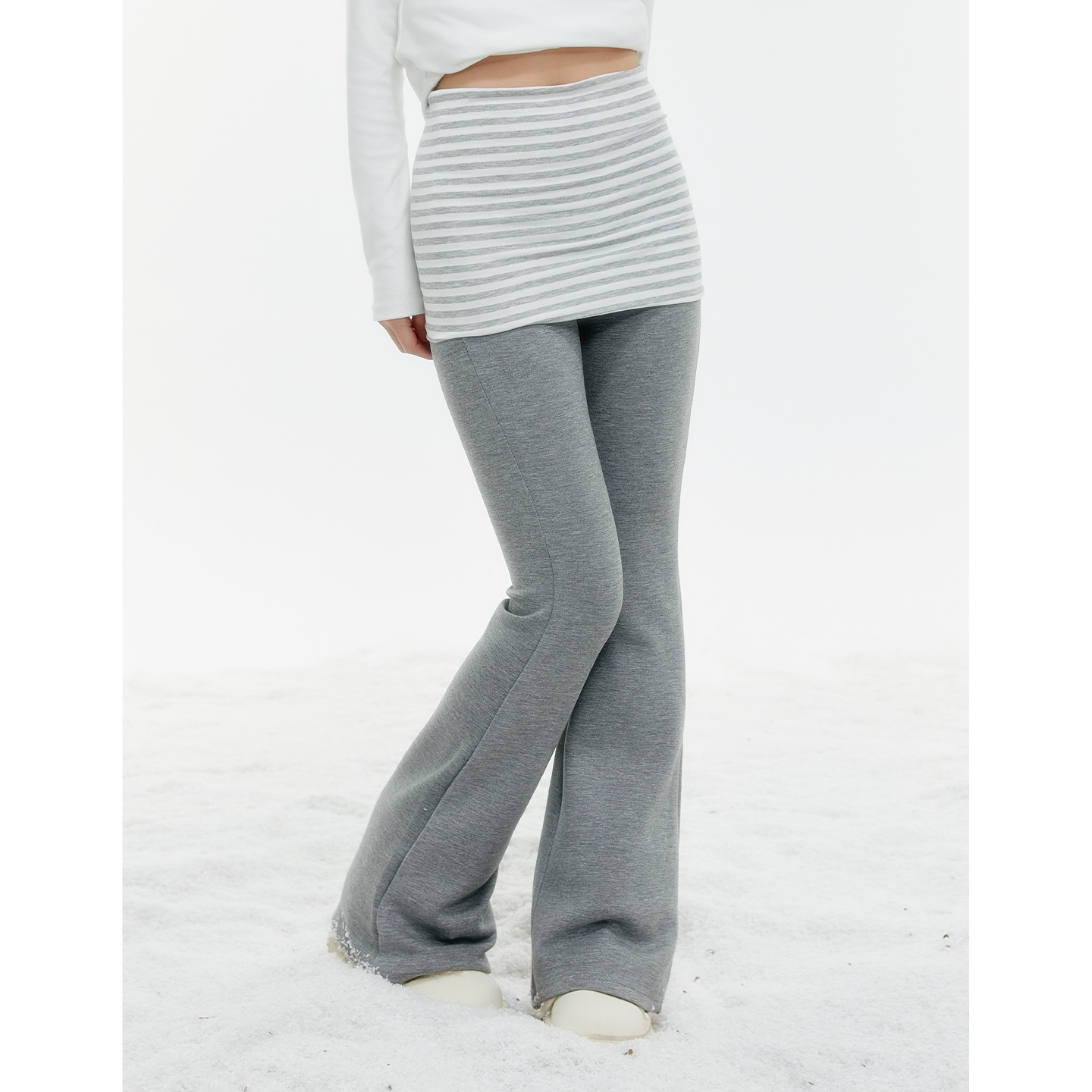 ECHOSTA高腰微喇条纹拼接假两件裤子修身显瘦运动垂感休闲裤