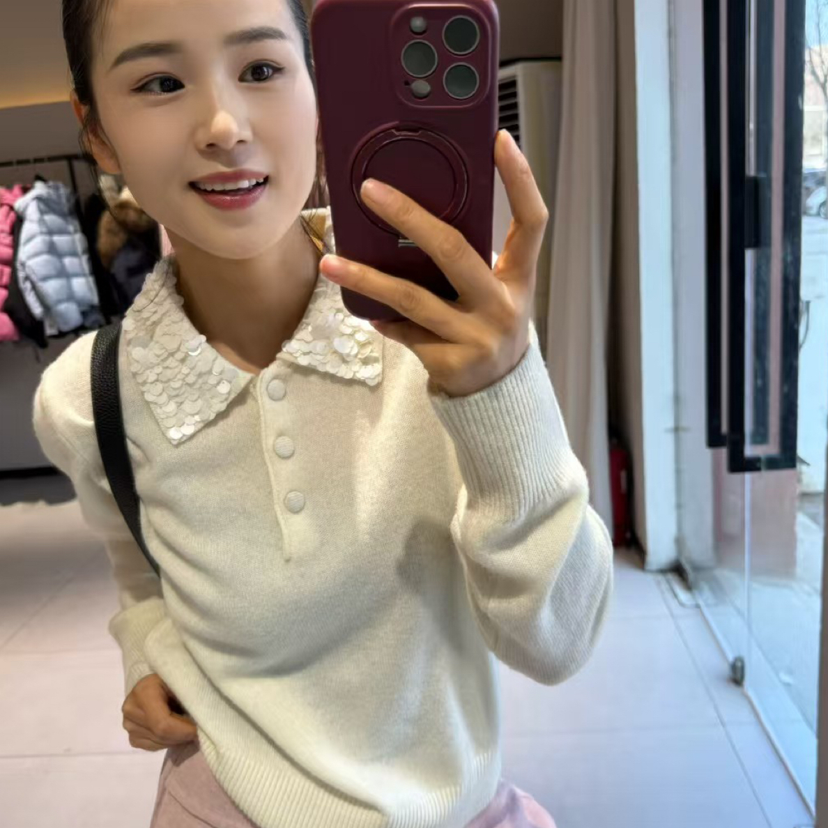 【w➕欧韩】秋冬款翻领哑光亮片长袖三粒扣套头毛衣