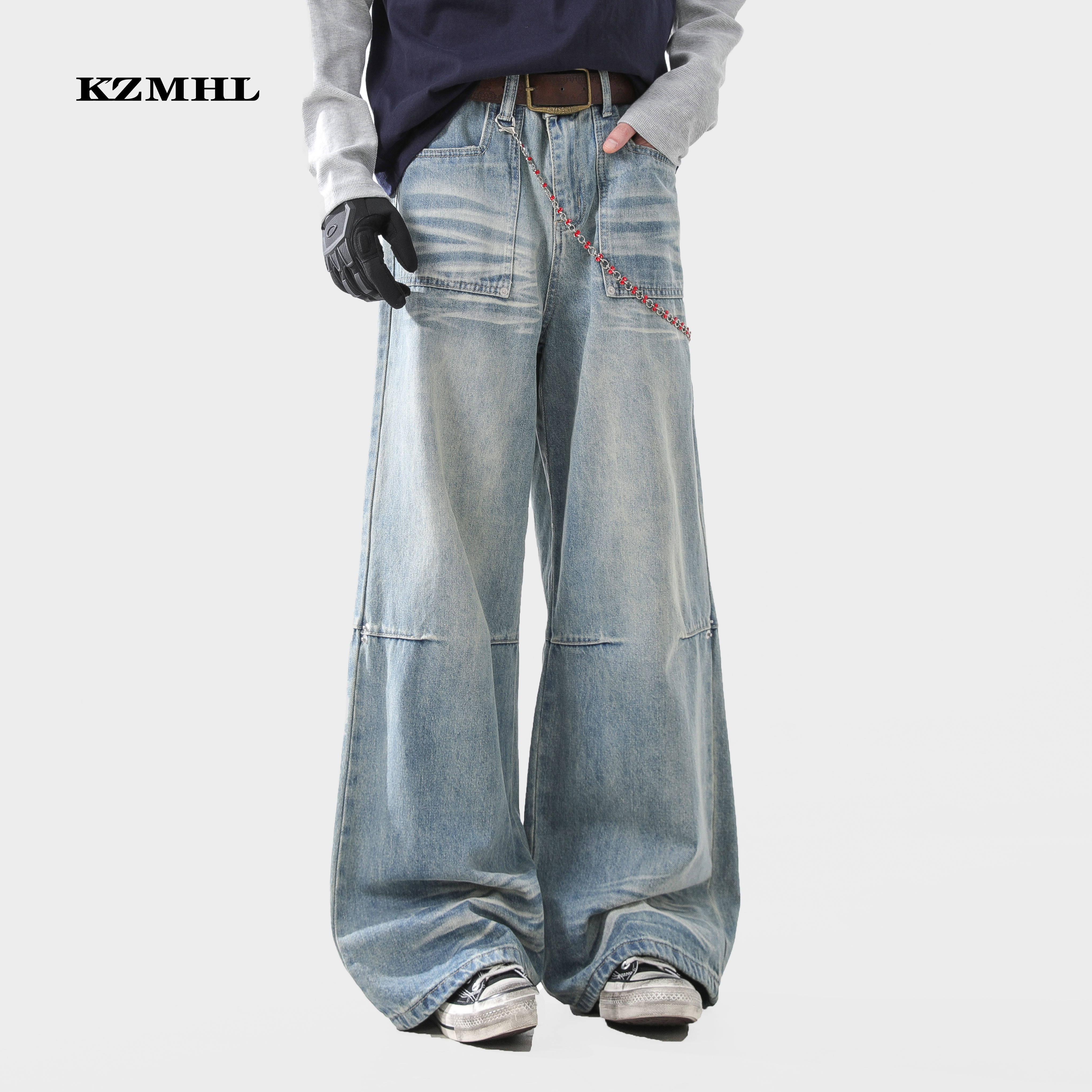 KZMHL 高街复古水洗浅蓝色牛仔裤男女春秋显瘦拖地潮牌休闲长裤子