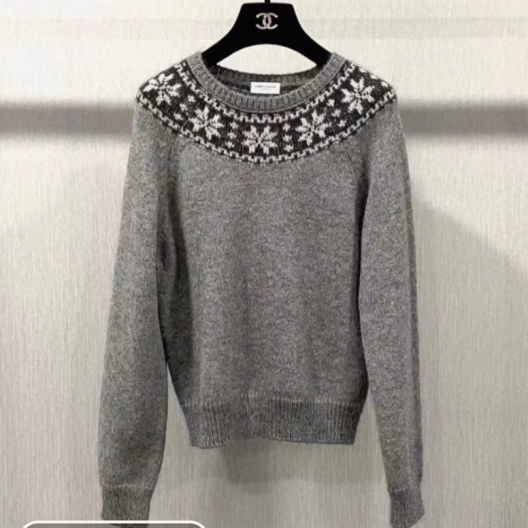 99新 YSL/圣罗兰 HZ二手奢侈品圣罗兰灰色羊毛圣诞图案毛衣 h642