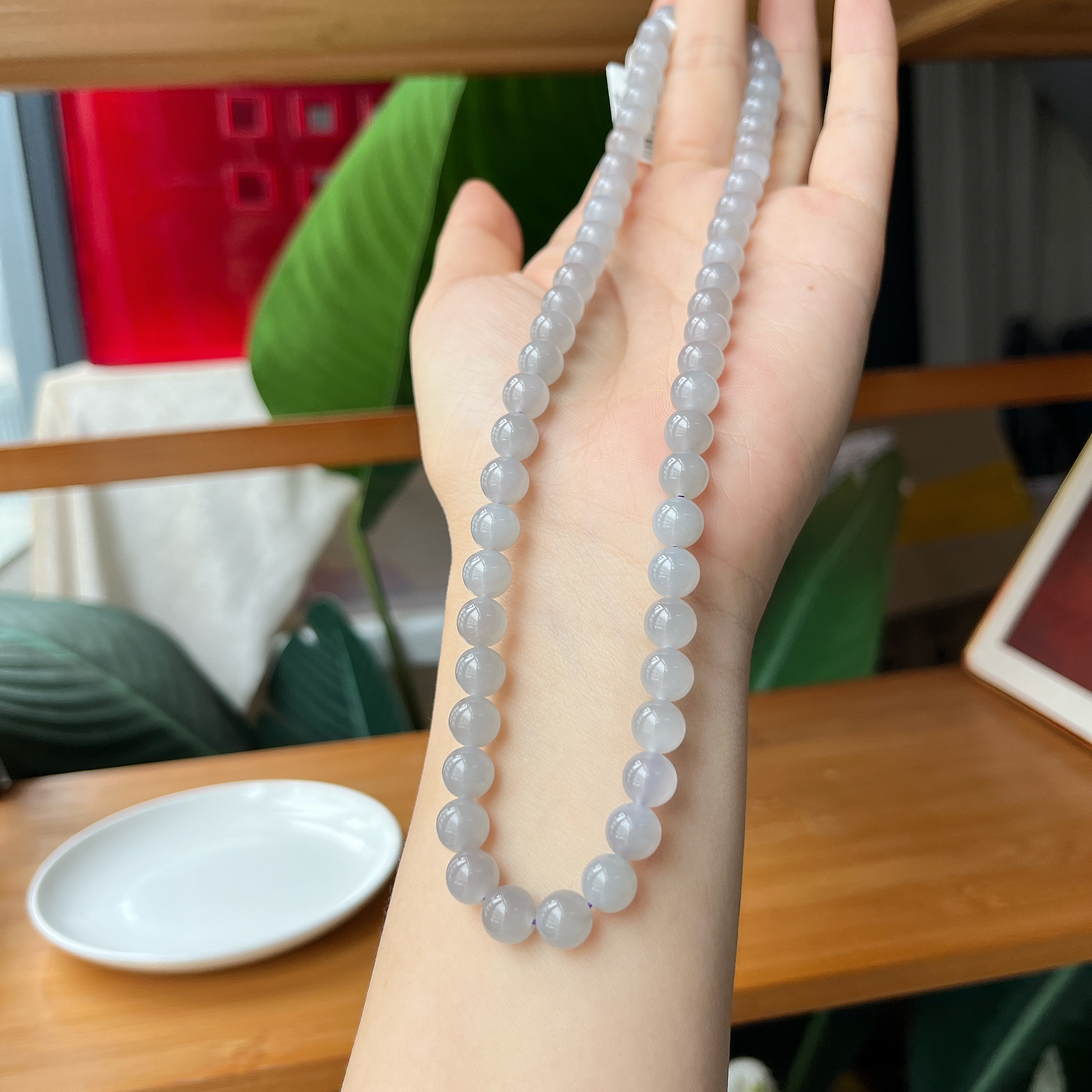 【珠宝厂长】约7.5-8mm和田玉烟紫圆珠项链