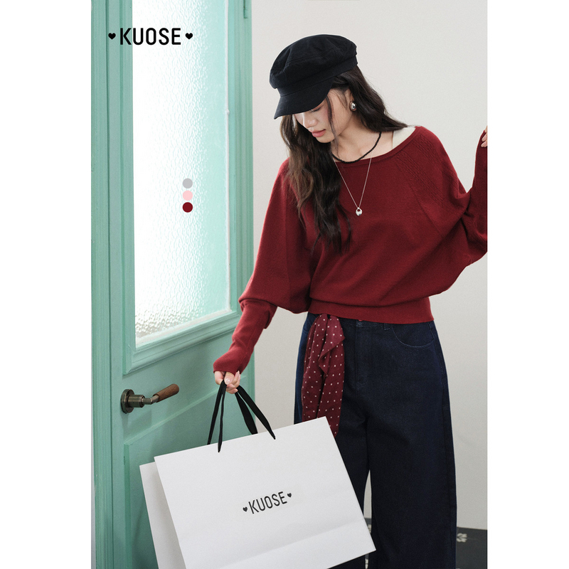 阔色粉色假两件针织衫2026春新款女收腰毛衣斜肩上衣KSH2601010