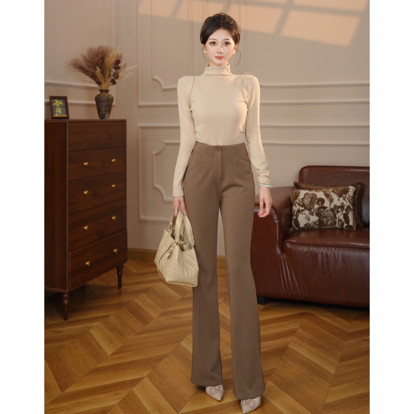 【张小小】【加绒加厚】女装秋冬高腰垂感显瘦修身喇叭裤MZ0037