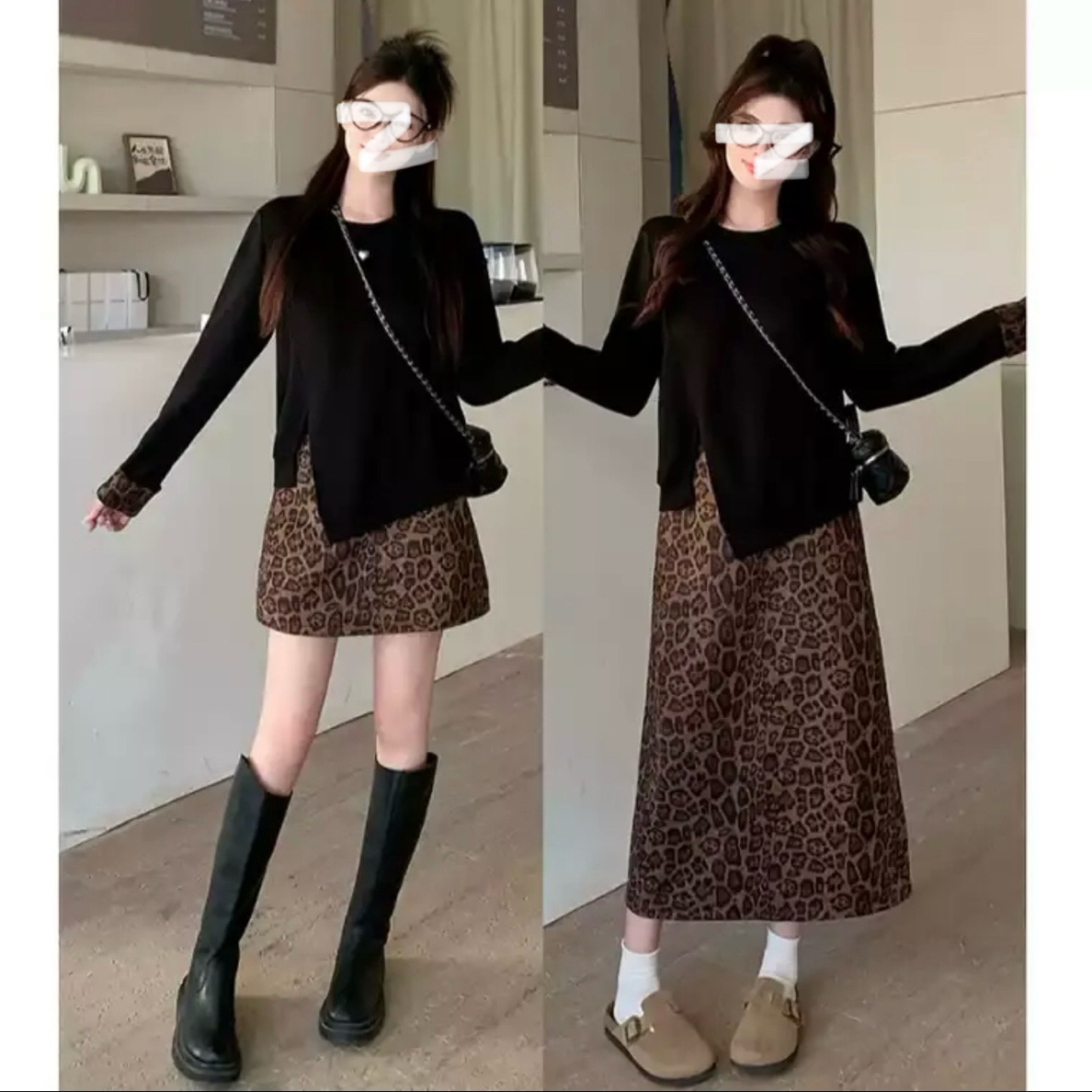 麂皮绒豹纹裙2025春秋冬季新款高腰a字裙时尚百搭复古包臀半身裙