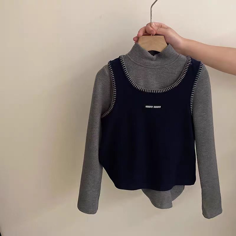 女童秋冬款长袖半高领加绒体恤打底衫两件套中大童洋气背心加厚