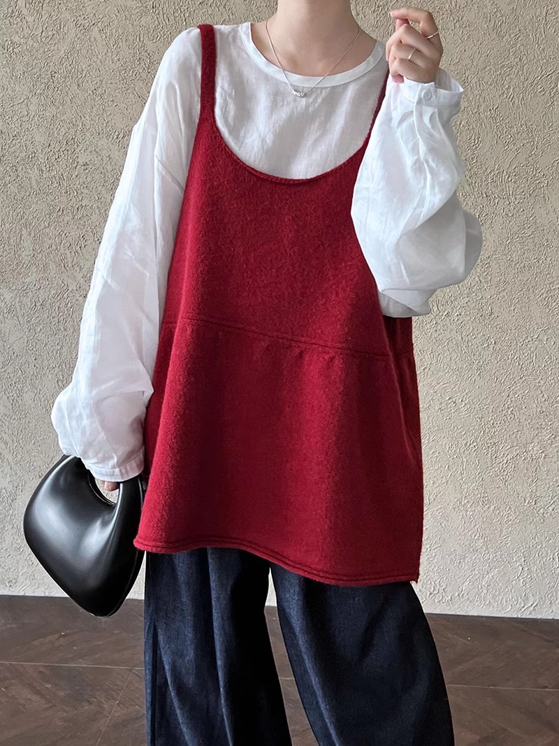 红色休闲宽松型针织吊带背心百搭秋装新款洋气大码显瘦洋气马甲