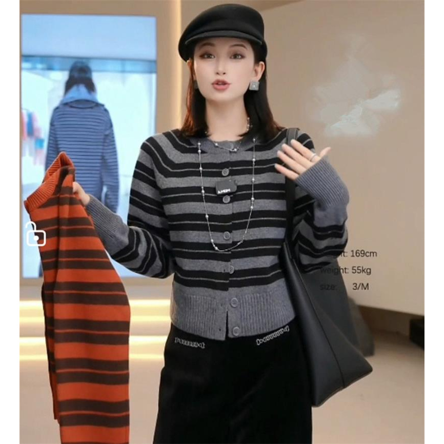 商场同款女装秋冬新款时尚百搭条纹针织开衫毛衣外套上衣打底衫