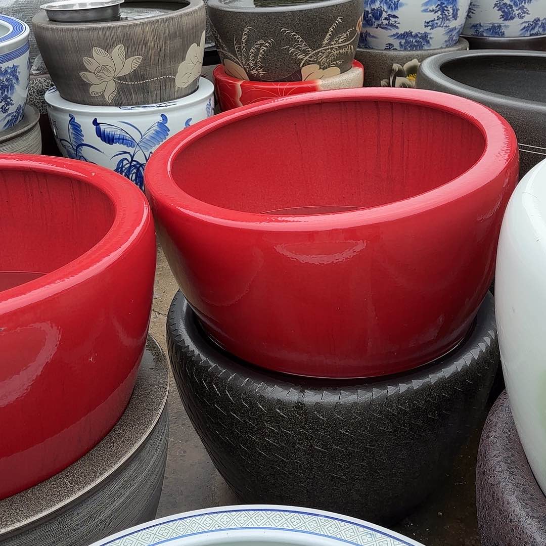 缸正品70陶瓷鱼缸红满釉