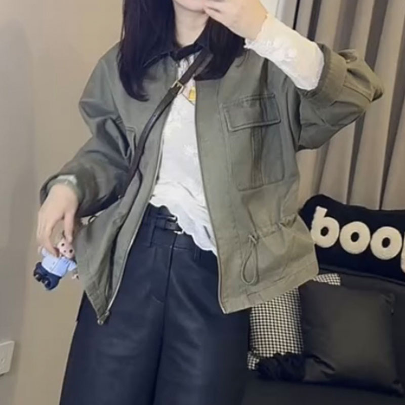 萱贝纯复古收腰显瘦长袖短款夹克女2025秋季新款拼皮翻领工装外套