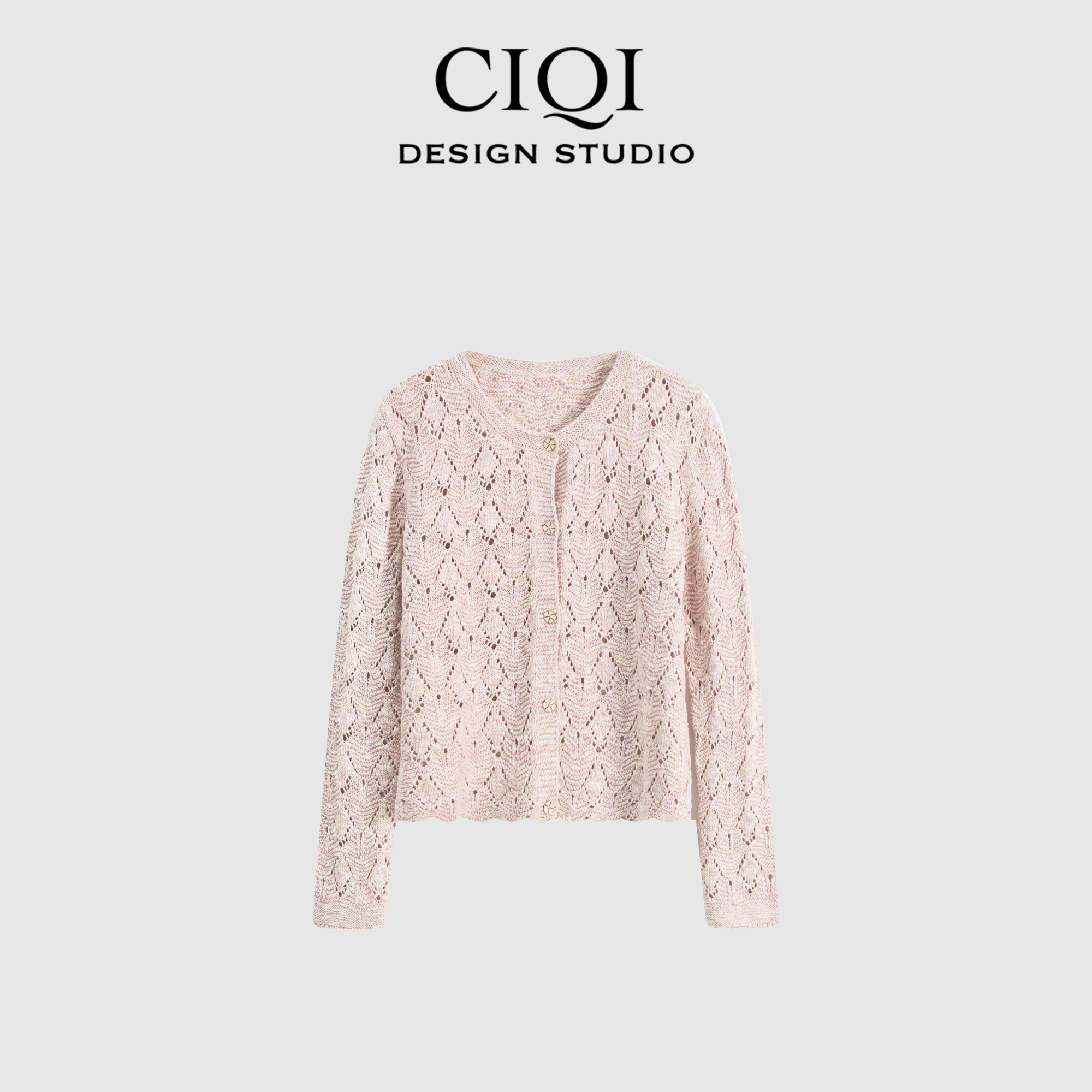 CIQI STUDIO秋冬四股纱重工小花纽扣镂空长袖休闲针织衫258510