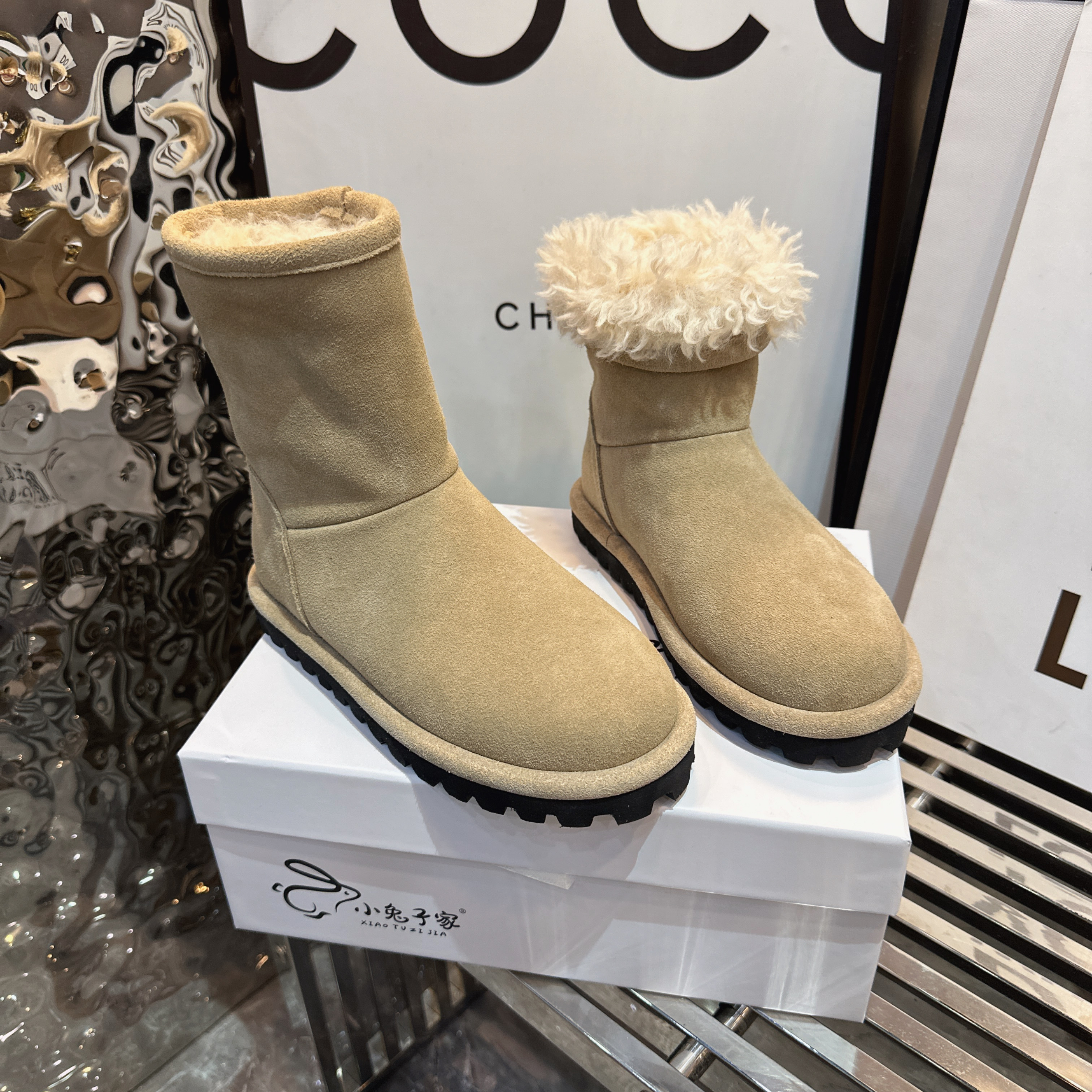 中跟女鞋中筒女靴保暖冬季时尚雪地靴胶粘女款休闲百搭女士真皮