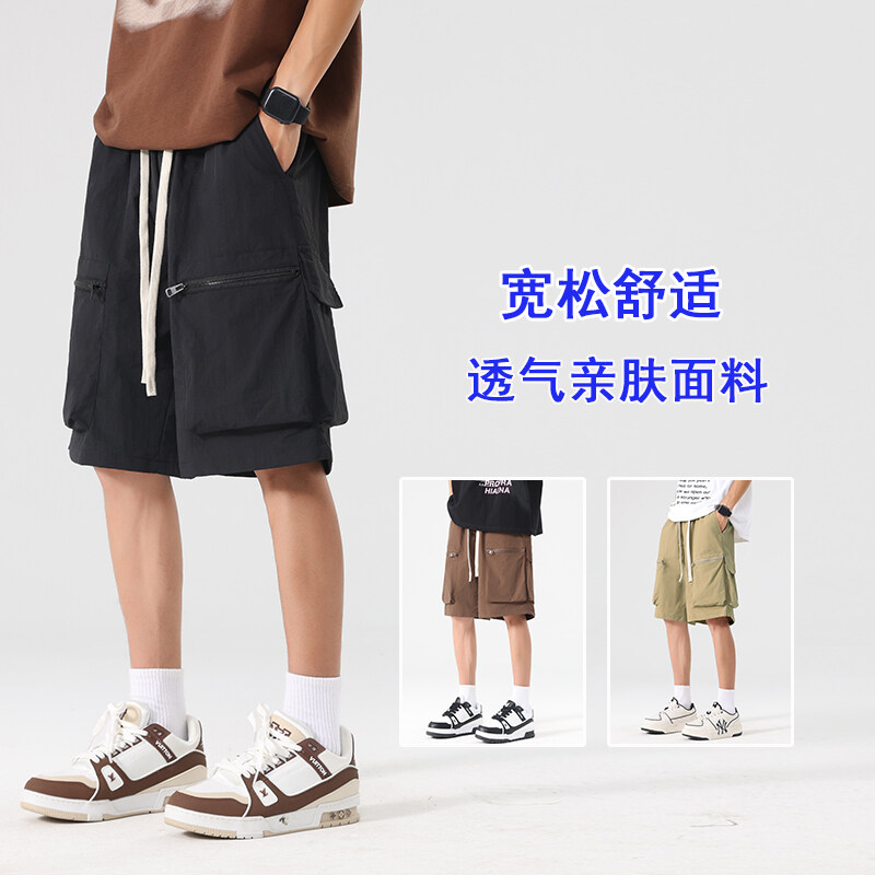 单线格纯色五分裤七分潮运动裤百搭男多口袋工装青少年潮牌短裤