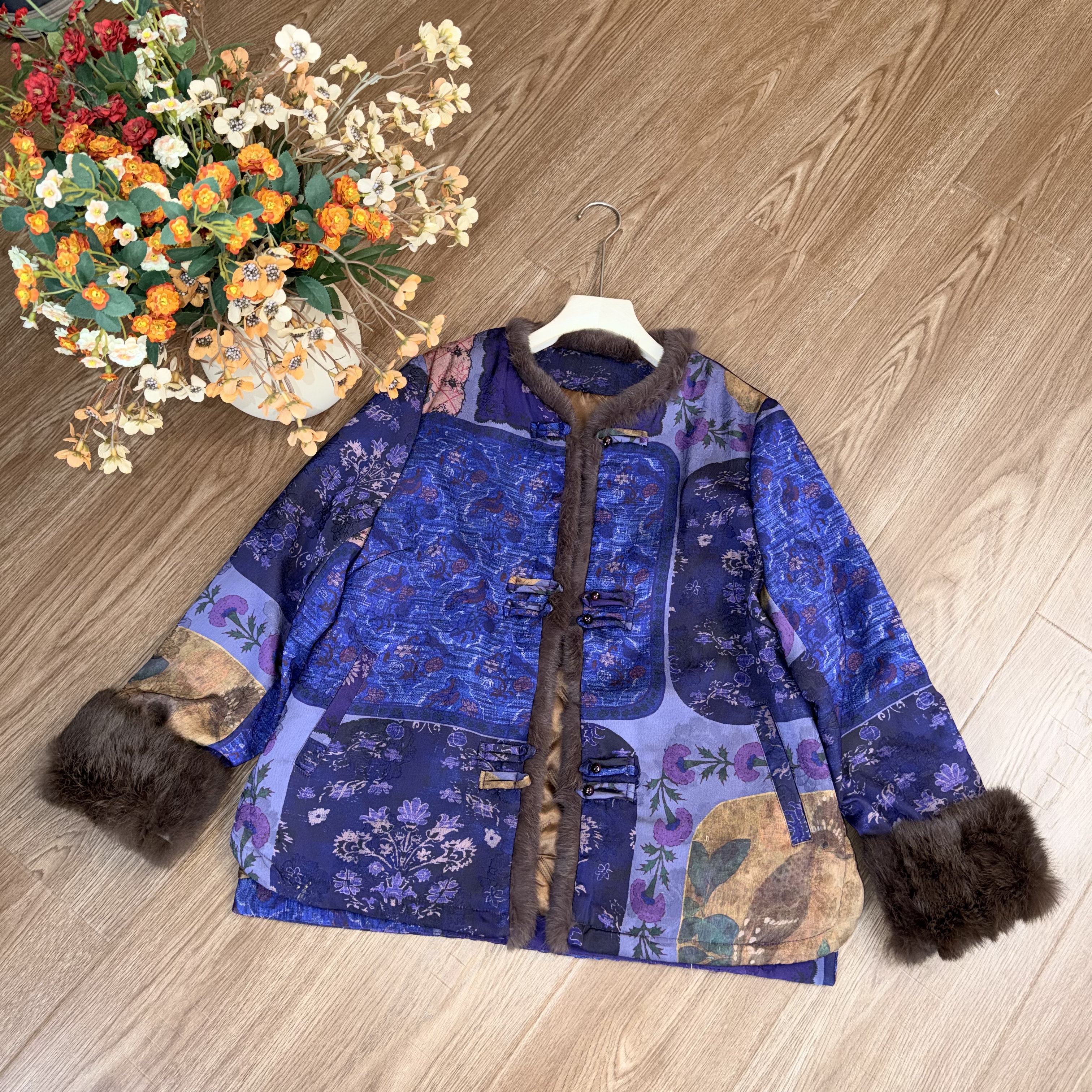 【大季原创】W188冬季新中式宽松兔毛加棉外套女国风复古女装