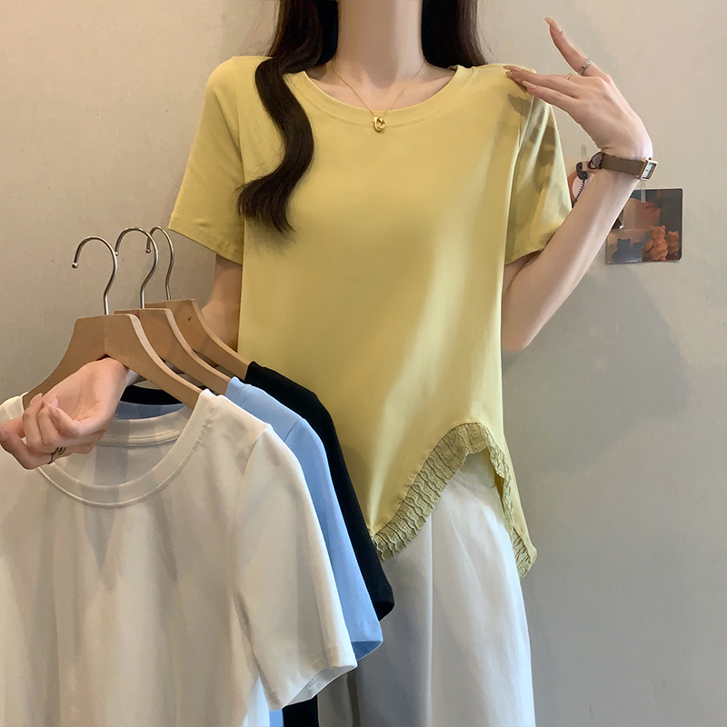A胖mm大码女短袖T恤2025夏季设计感波浪木耳边不对称遮肚显瘦上衣
