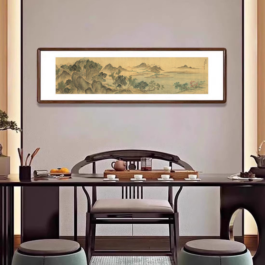 国画湖山春暖图水墨山水画新中式客厅装饰画办公室茶室背景墙挂画