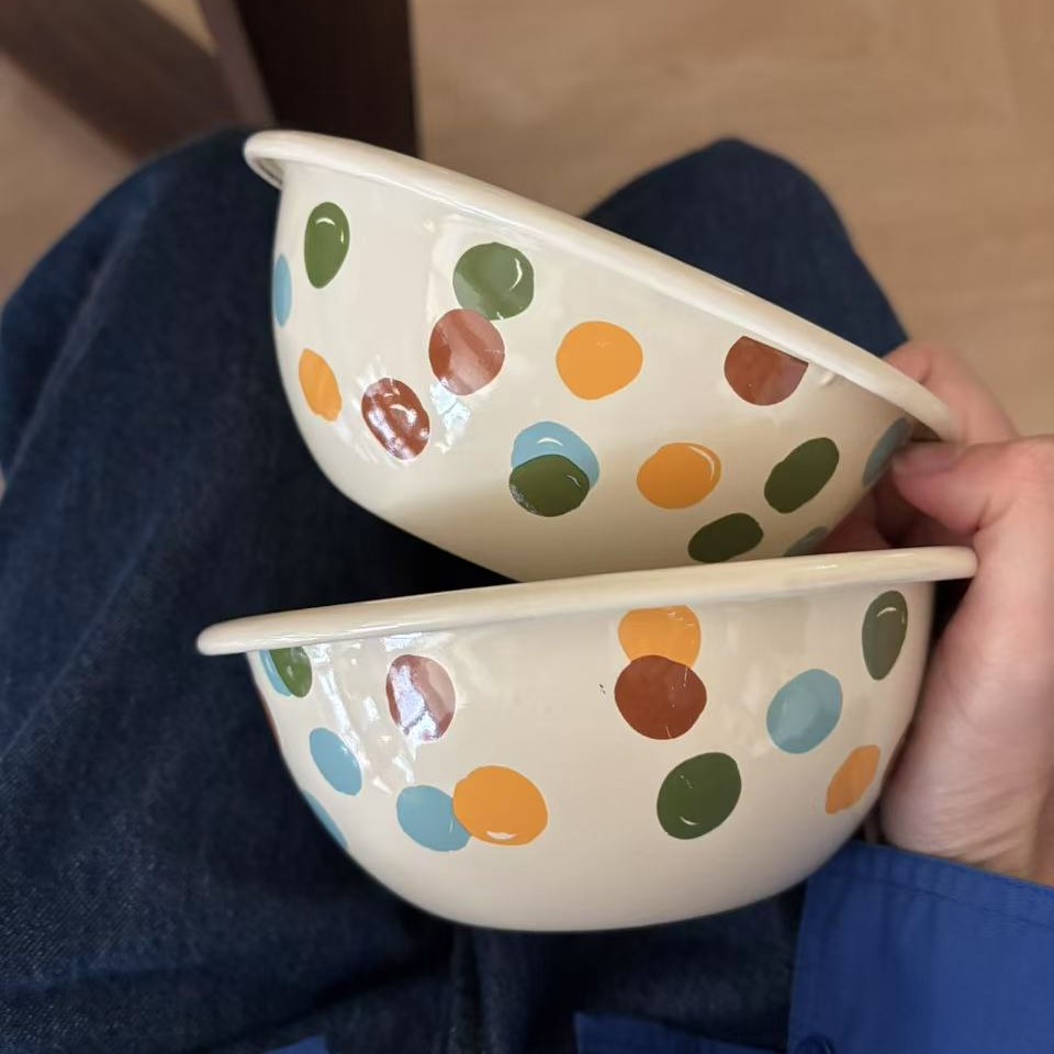老麦【自制】INS复古波点搪瓷碗沙拉碗早餐碗酸奶碗辅食碗汤碗