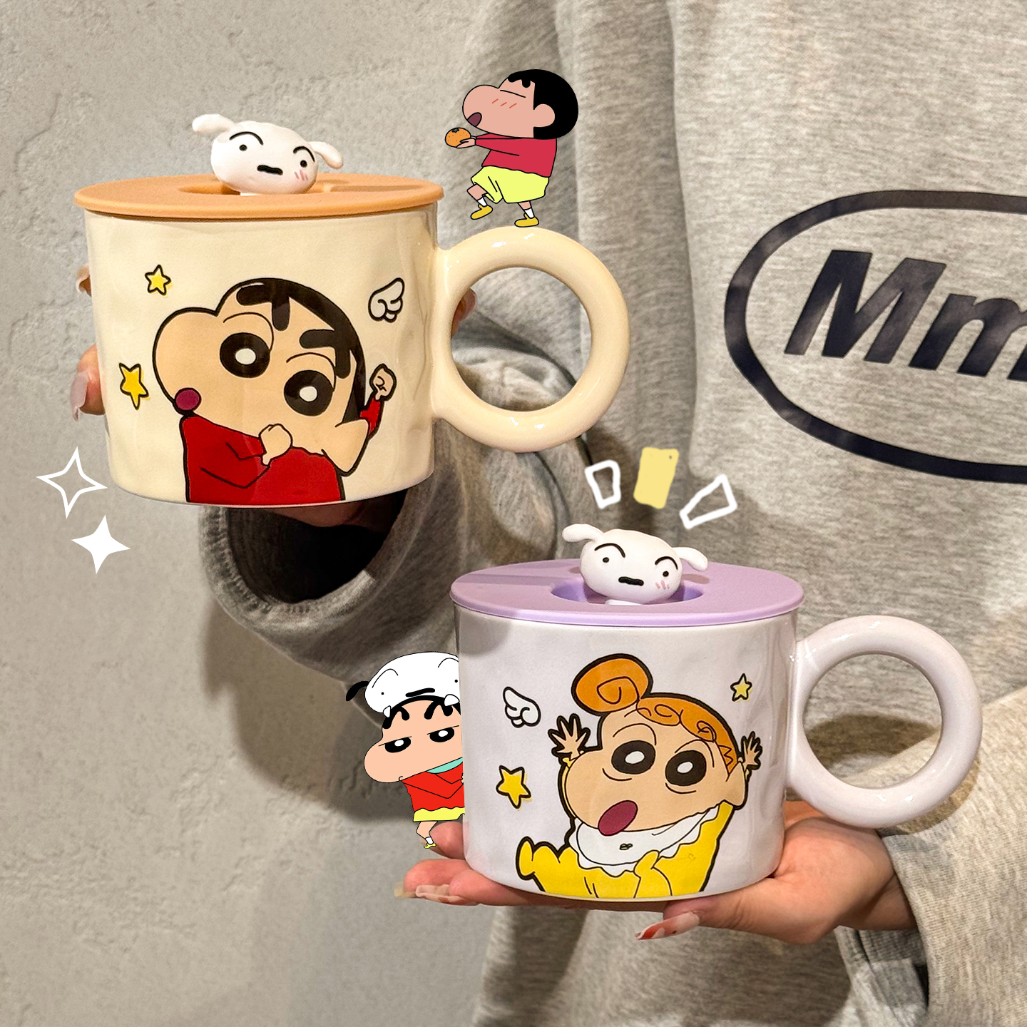 正版蜡笔小新陶瓷马克杯带盖高颜值情侣水杯可爱咖啡杯家用早餐杯