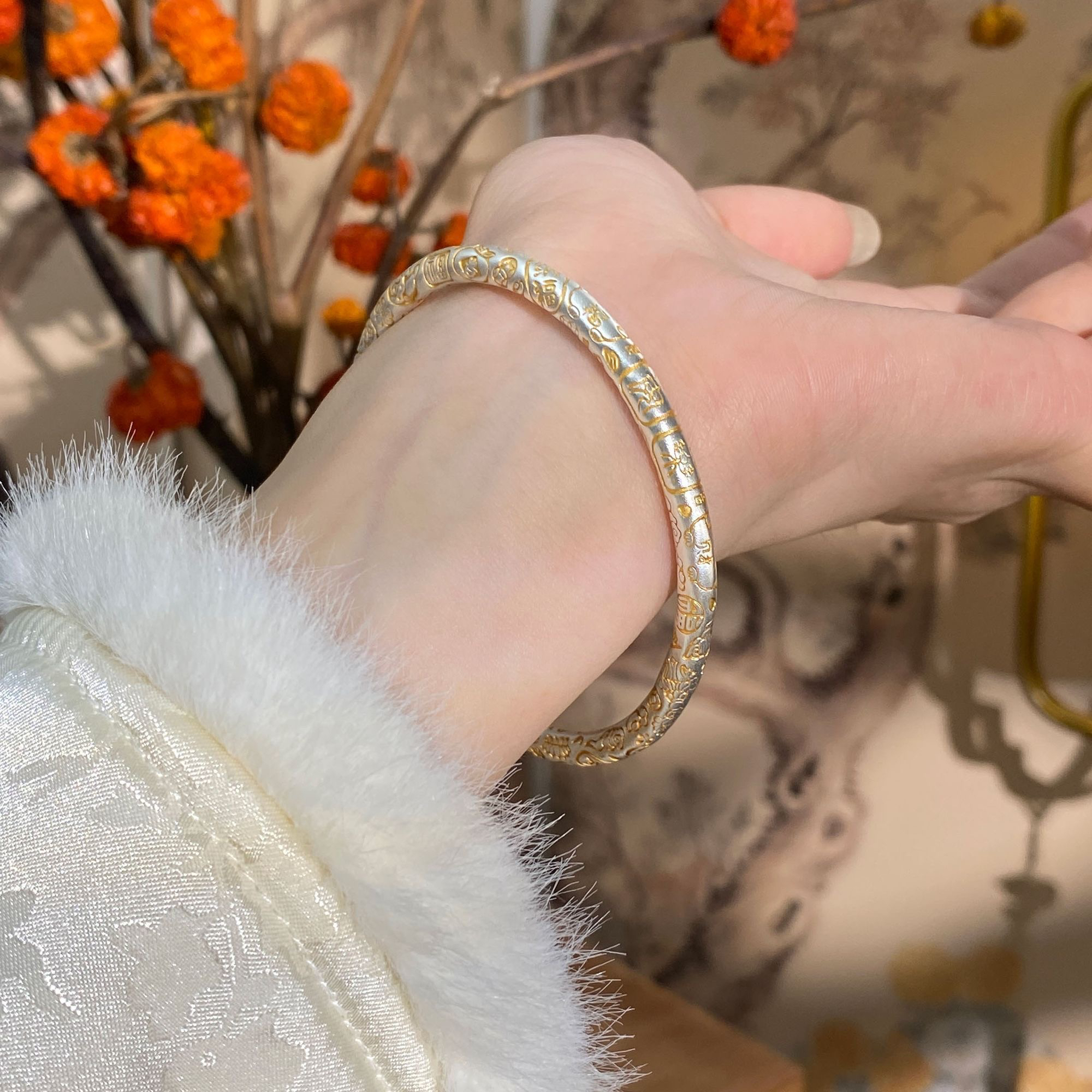 足银手镯 古法银手镯999.9纯银描金吉言银镯子国风闭口实心新中式