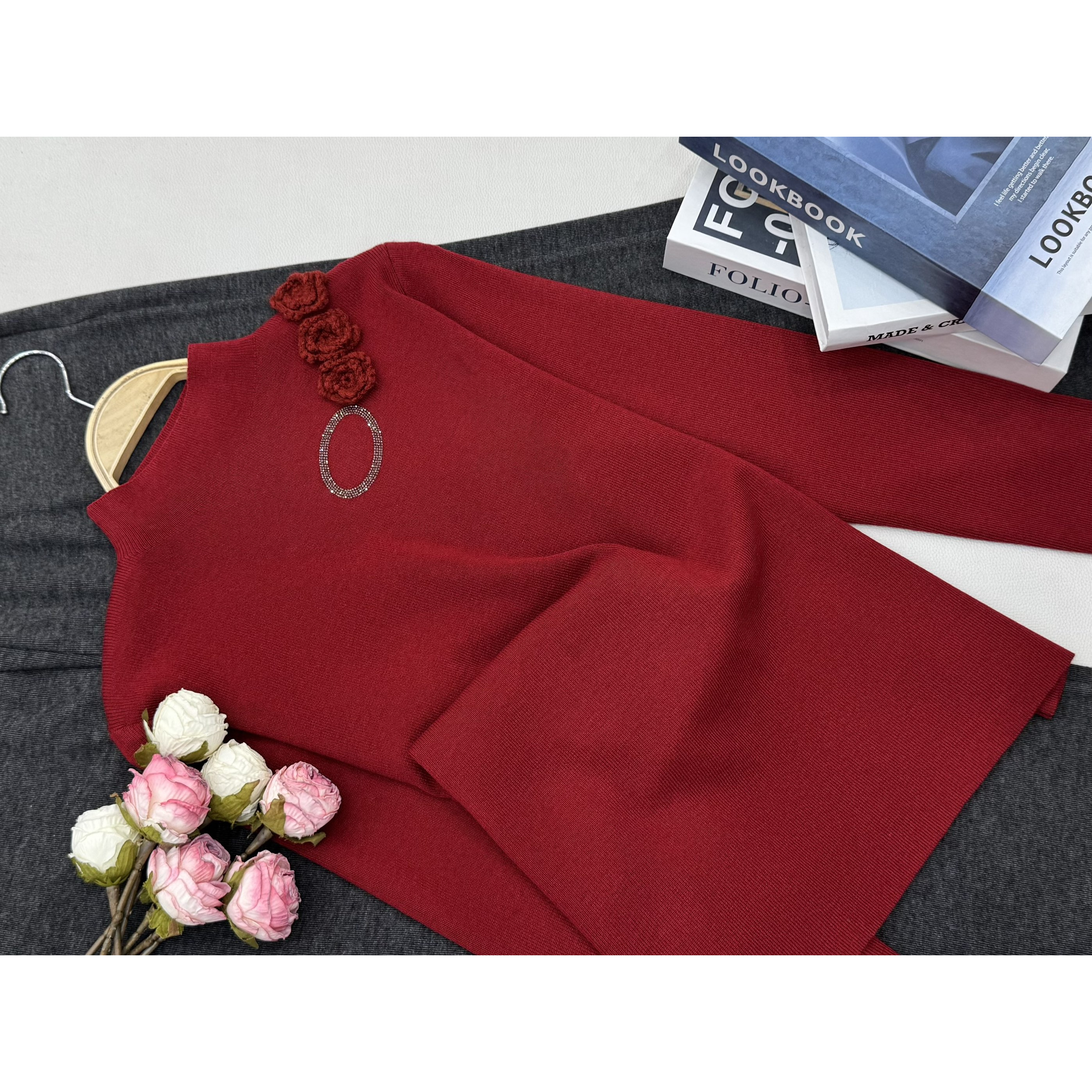 【红色小花套头】秋冬新款时尚长袖针织上衣QC5874