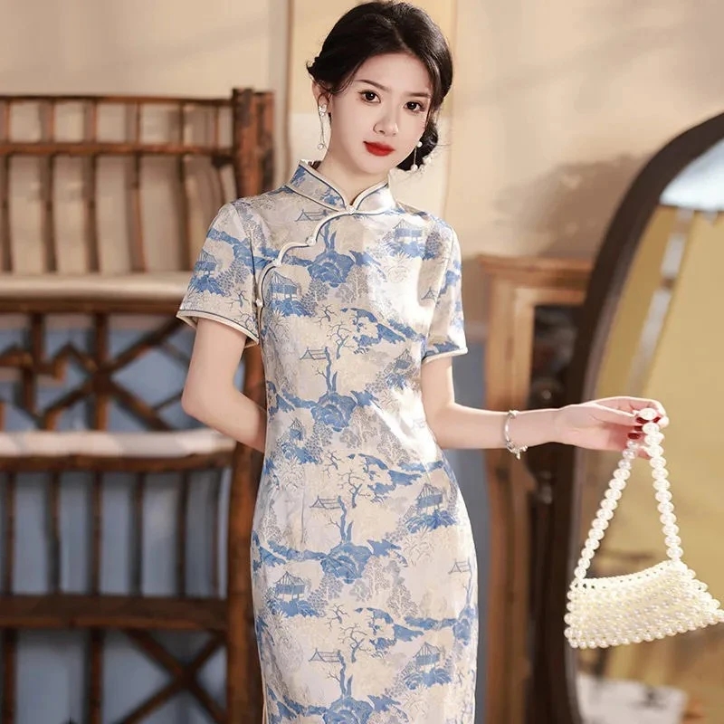 日常提花薄款长旗袍立领旗袍少女修身复古极简风（爱心扣）